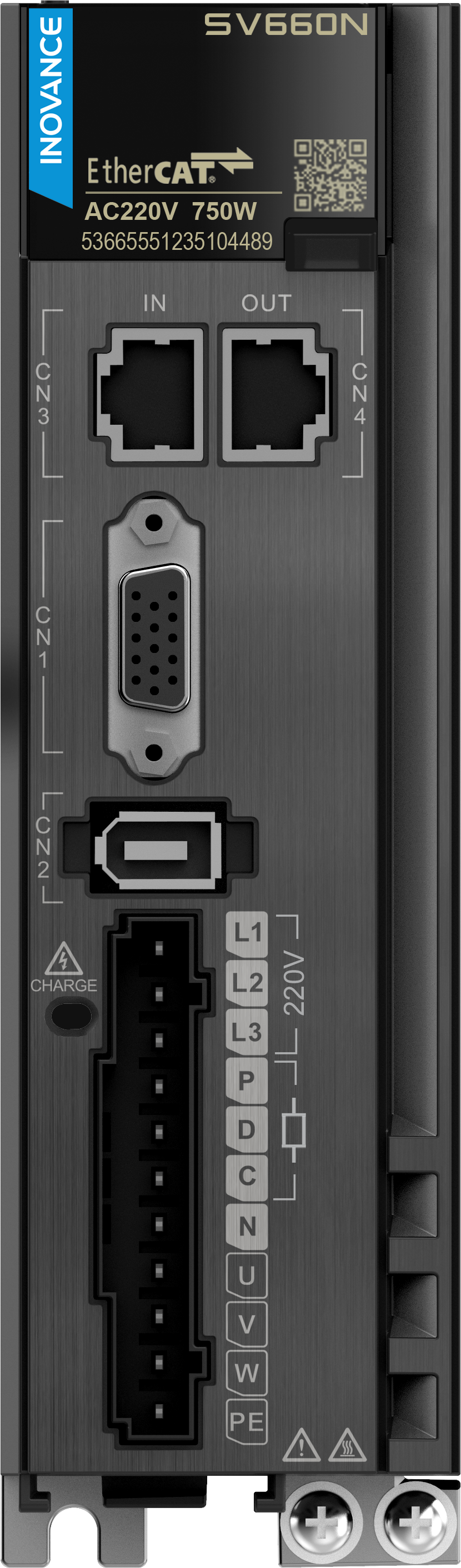 Inovance SV660NS7R6I-FS-INT Максимальная выходная мощность: 1000 Вт, Напряжение 220 В, 1- или 3-фазная сеть, связь EtherCat, функции безопасности: STO SIL3