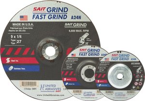 Отрезные круги United Abrasives SAIT 20050 1/4" для быстрого шлифования A24N (Диаметр 4-1/2" Толщина 3/16" Посадочное отверстие 7/8" Тип 27 Макс. частота вращения 13300 об/мин)