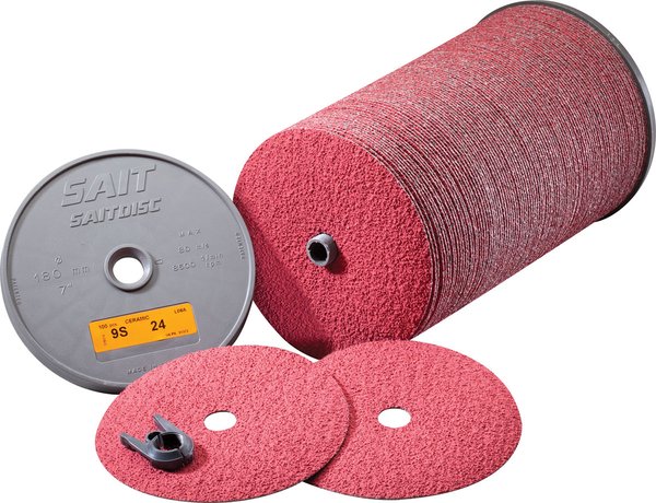 Высокопроизводительный фибровый диск United Abrasives SAIT 51344 для нержавеющей стали и алюминия 9S, керамический зерно со смазкой, оптовая упаковка (100 шт. на шпиндель), диаметр 4-1/2", посадочное отверстие 7/8", зернистость 50, макс. 13300 об/мин