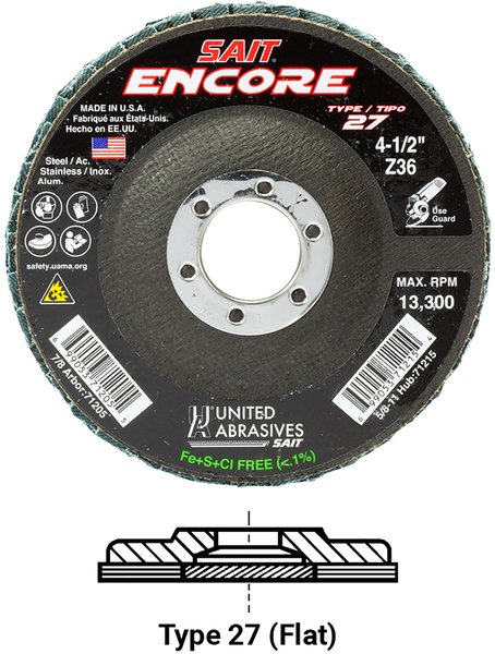 United Abrasives SAIT 71218 Regular Density Flap Disc Encore- HUB (Диаметр 4-1/2" Посадочное отверстие 5/8"-11 Зернистость 60 Тип 27 Макс. об/мин 13300)