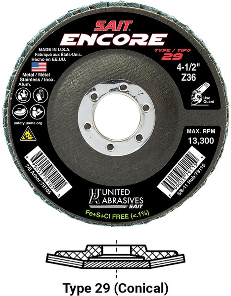 United Abrasives SAIT 71258 Лепестковый диск Encore-HUB обычной плотности (Диаметр 6" Посадочное отверстие 5/8"-11 Зернистость 60 Тип 29 Макс. об/мин 10200)