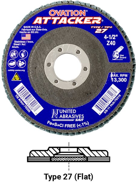 Абразивный лепестковый круг United Abrasives SAIT 76211 High Density Flap Disc - Ovation Attacker - NO HUB (Диаметр 4-1/2" Посадочное отверстие 7/8" Зернистость 120 Тип 27 Макс. обороты 13300 об/мин)