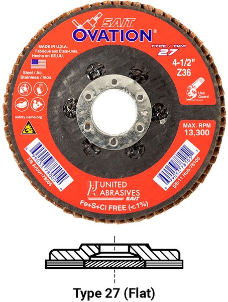 United Abrasives SAIT 78106 Высокоплотный лепестковый круг Flap DiscOvation (Диаметр 4-1/2" Посадочное отверстие 5/8"-11 Зернистость 40 Тип 27 Макс. частота вращения 13300 об/мин)