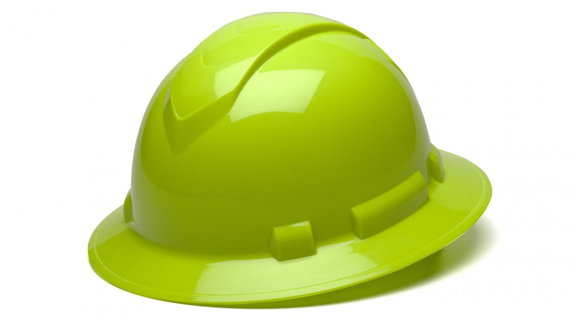 Каска Pyramex Ridgeline HP54131 Hi-Vis Lime с полным козырьком, подвеска 4-точечная храповая