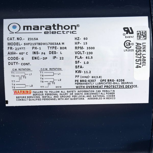 Электродвигатель Marathon Z315A 215TBDW17003, 10 л.с., 3520 об/мин, 215TZ, каплезащищенный, однофазный, 230 В, 60 Гц